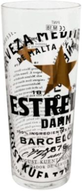 Glas met logo en tekst van Estrella Damm bier, inclusief een gouden ster in het midden.