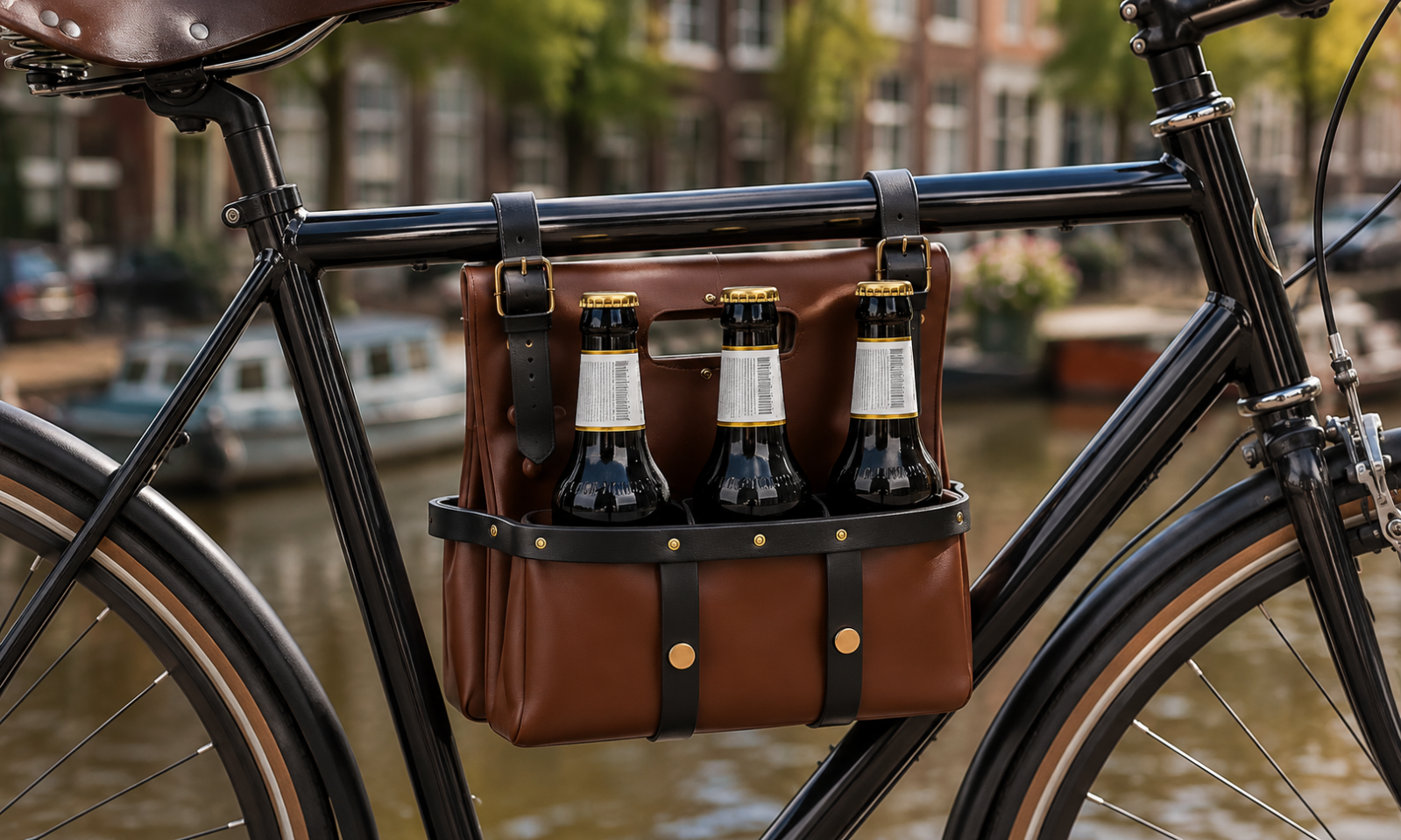 Zwarte fiets met bruine leren sixpackhouder en bierflesjes langs een Amsterdamse gracht.