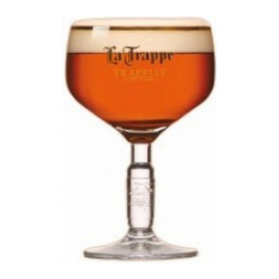 La Trappe priorbokaal op voet, gevuld met trappistenbier.