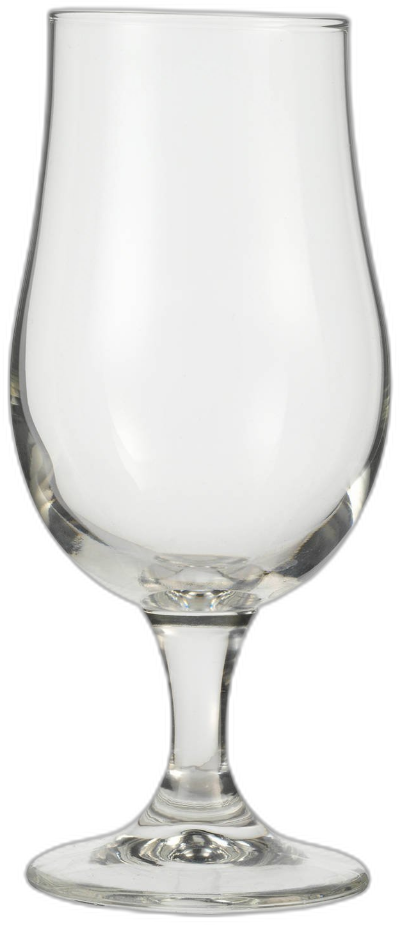 Helder, leeg bierglas op voet tegen witte achtergrond