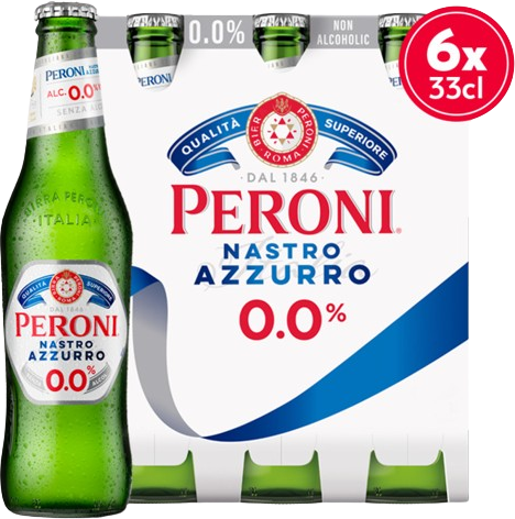 Peroni Nastro Azzurro 0.0% sixpack met flesjes van 33cl Peroni Nastro Azzurro 0.0% sixpack met flesjes van 33cl