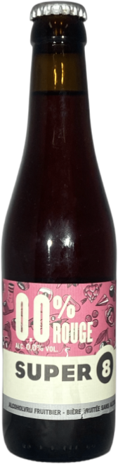 Bruine fles Super 8 Rouge 0,0 met roze etiket