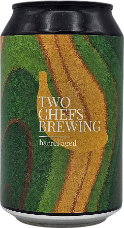Blikje Two Chefs Brewing, groen en geel golvend patroon, 'barrel aged' vermeld.
