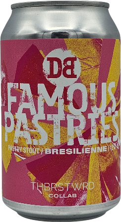 Blikje met kleurrijk etiket van een Dutch Bargain bier genaamd Famous Pastries.