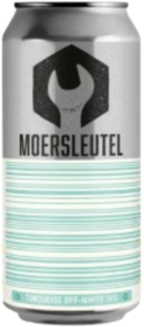 Blik van Moersleutel bier met een turquoise en off-white ontwerp en logo.