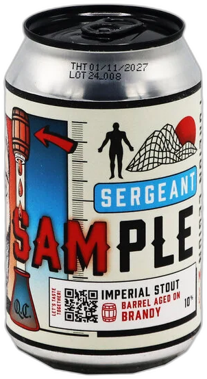 Blikje Kompaan Sergeant Sample bier met kleurrijke grafische illustraties.