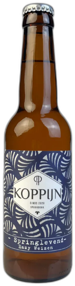 Een bruin bierflesje met een blauw-wit etiket met de tekst 'Koppijn Springlevend Hazy Weizen'.