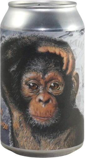 Blikje met illustratie van een chimpansee op de voorkant, met hand op zijn hoofd.