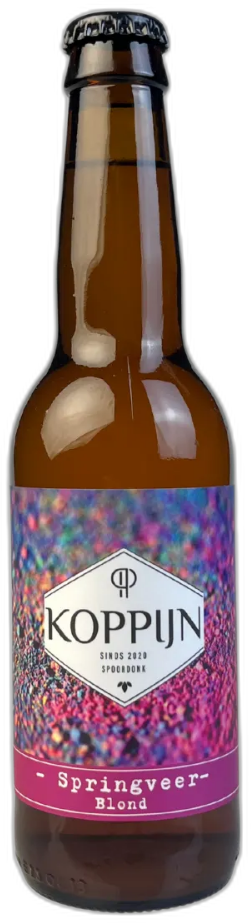 Een flesje Koppijn Springveer blond bier met kleurrijk etiket