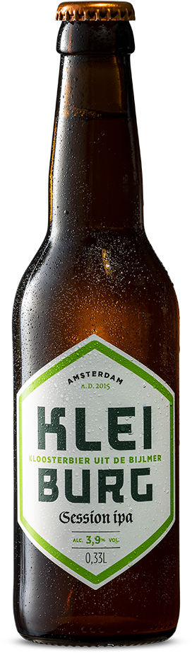 Een flesje Kleiburg Session IPA van 33cl met een witte en groene etiket vooraanzicht.