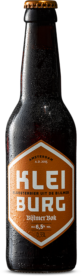 Kleiburg Bijlmer Bok bierflesje van 33cl met oranje label en waterdruppels