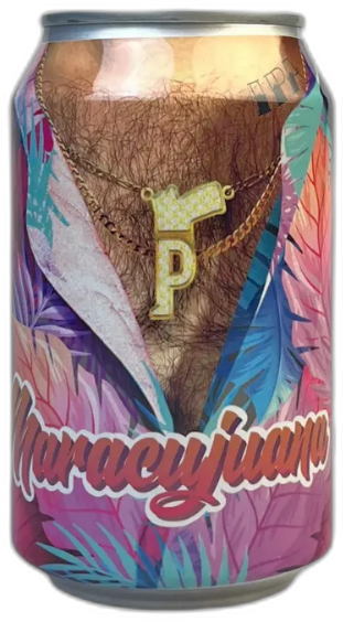 Blikje met felgekleurde tropische ontwerpen en het woord 'Maracujuana'.