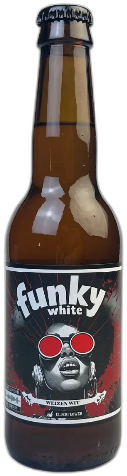 Bruine fles met Funky White bierlabel en afbeelding van persoon met rode bril.
