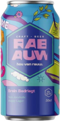 Rabauw Brein Bedriegt kleurrijk bierblikje met een inhoud van 33cl.