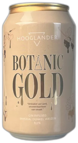 Blikje Hooglander Botanic Gold bier met botanische illustraties.