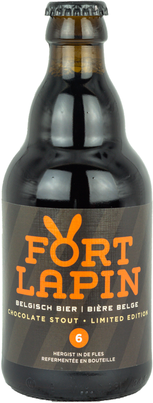 Een fles Fort Lapin Chocolate Stout met bruin etiket en oranje letters.