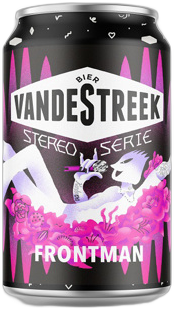 Een blikje vandeStreek bier in een zwart-paarse kleur met artistieke illustratie.