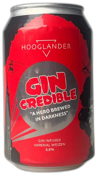 Blikje Hooglander Gin Credible van 33cl met opvallende rode en zwarte grafische elementen.