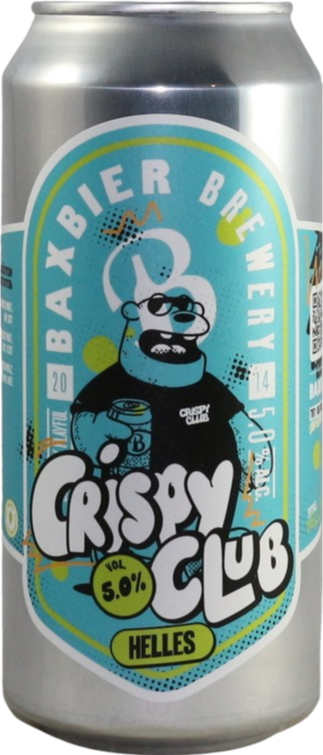 Blik Baxbier Crispy Club Helles 44cl met cartoonfiguur en opvallende tekst.