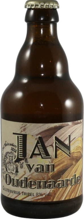 Bruin bierflesje met etiket Jan van Oudenaarde, glutenvrije tripel 8% vol.