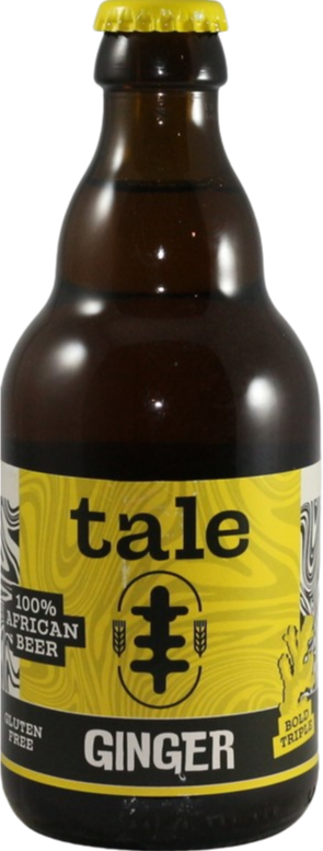 Close-up van een fles Tale African Beer Ginger met geel etiket en zwarte dop.