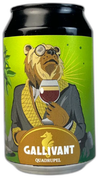 Blik Gallivant Quadrupel bier met illustratie van een beer in smoking.