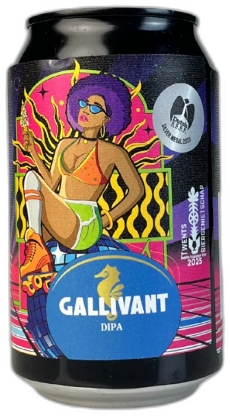 Blikje Gallivant Disco DIPA met kleurrijke en moderne illustratie.