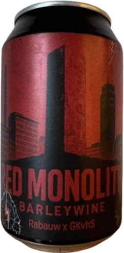 Blik Red Monolith barleywine met rode stadssilhouet en bliksemschicht