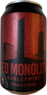 Blik Red Monolith barleywine met rode stadssilhouet en bliksemschicht