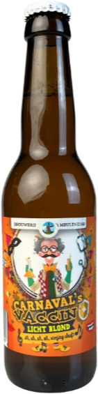 Flesje van Carnaval's Vaccin Licht Blond bier met kleurrijk etiket en carnavalsontwerp.