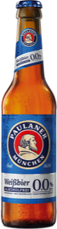 Een fles Paulaner Weisse 0.0% alcoholvrij bier met blauw etiket op een witte achtergrond.