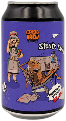 Een blikje Cockroach Brew Stoute Kakkerlak met een speelse illustratie van een kakkerlak.