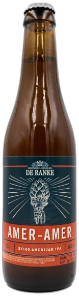 Een fles De Ranke Amer-Amer bier met donker etiket en hopafbeelding.