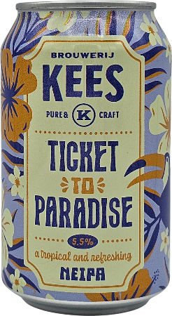 Blikje van Brouwerij Kees met kleurrijke tropische opdruk en tekst 'Ticket to Paradise'.