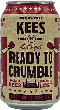 Blik van 33cl van Brouwerij Kees met de tekst 'Ready to Crumble' op een beige en rode achtergrond.