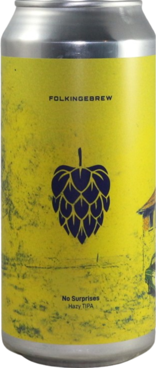 Zicht op een geel blik Folkingebrew No Surprises TIPA met een hop symbool.