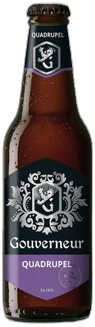 Flesje Gouverneur Quadrupel beer van 30cl met etiket en dop zichtbaar.