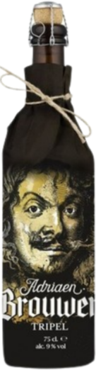 Adriaen Brouwer Tripel Bio fles van 75cl in donkere verpakking met gezicht-illustratie.