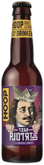 Bruin bierflesje met etiket van Tsar Pjotrtje tripel IPA van Hoop Bier.