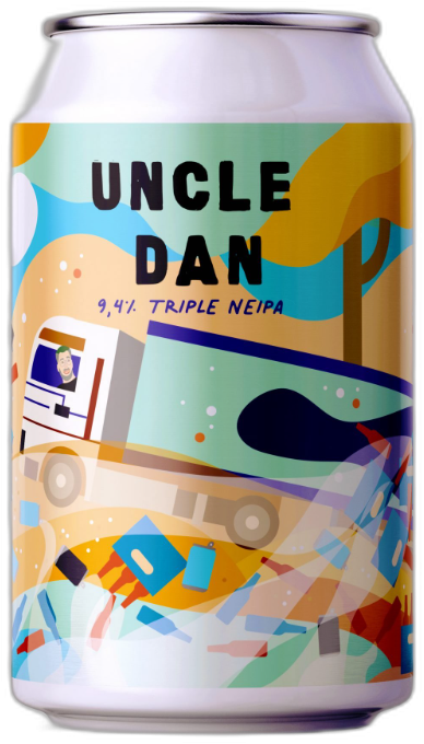 Uncle Dan bierblikje van 33cl met kleurrijke illustraties en tekst Triple NEIPA.