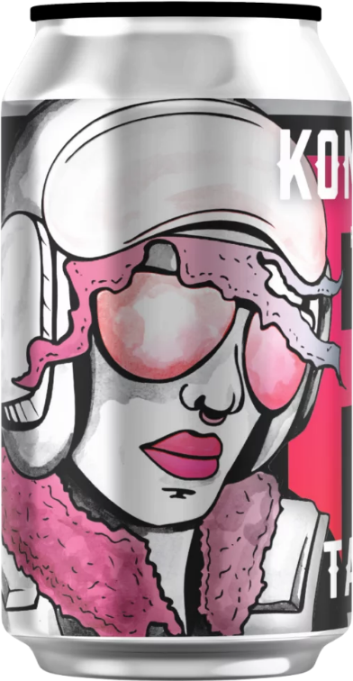 Blik Kompaan Fai Tality met illustratie van persoon met roze kleding en zonnebril.
