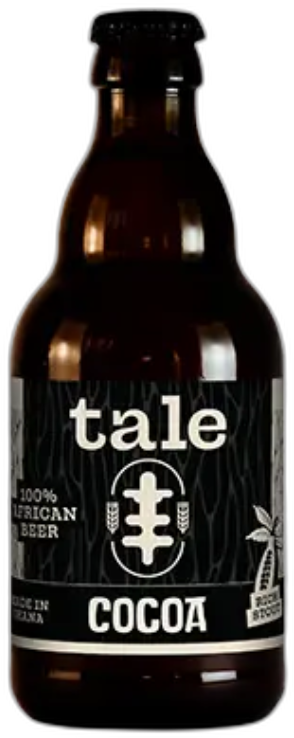 Een flesje Tale Beer Cocoa Stout van 33cl met etiket in zwart-wit ontwerp.