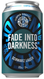 Blikje bier met Jopen x Kundmueller ontwerp, donkerblauwe kleur, tekst 'Fade into Darkness'.