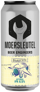 Blik Moersleutel Jetpack IPA met moersleutel logo en blauwdruk tekening.