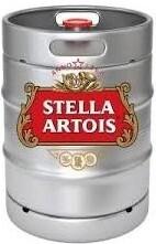 Stella Artois bierfust van 50 liter met rood logo op een zilverkleurige achtergrond.