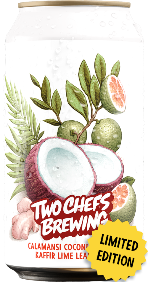 Blikje van Two Chefs Brewing met tropische illustraties en limited edition label.