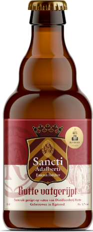 Bruin flesje Sancti Adalberti Rutte Vatgerijpt bier met rood en goud label.