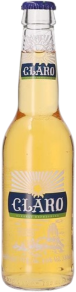 Een Claro bierflesje van 33cl met blauwe dop en etiket op witte achtergrond.