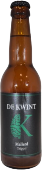 Bruin glazen bierflesje van 33cl met zwart etiket en groene opdruk van De Kwint Mallerd Trippel.