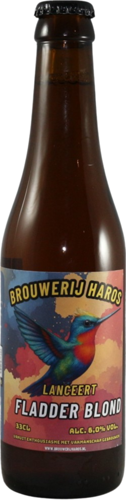 Flessenlabel van Brouwerij Haros met een gekleurde kolibrie en tekst 'Fladder Blond'.